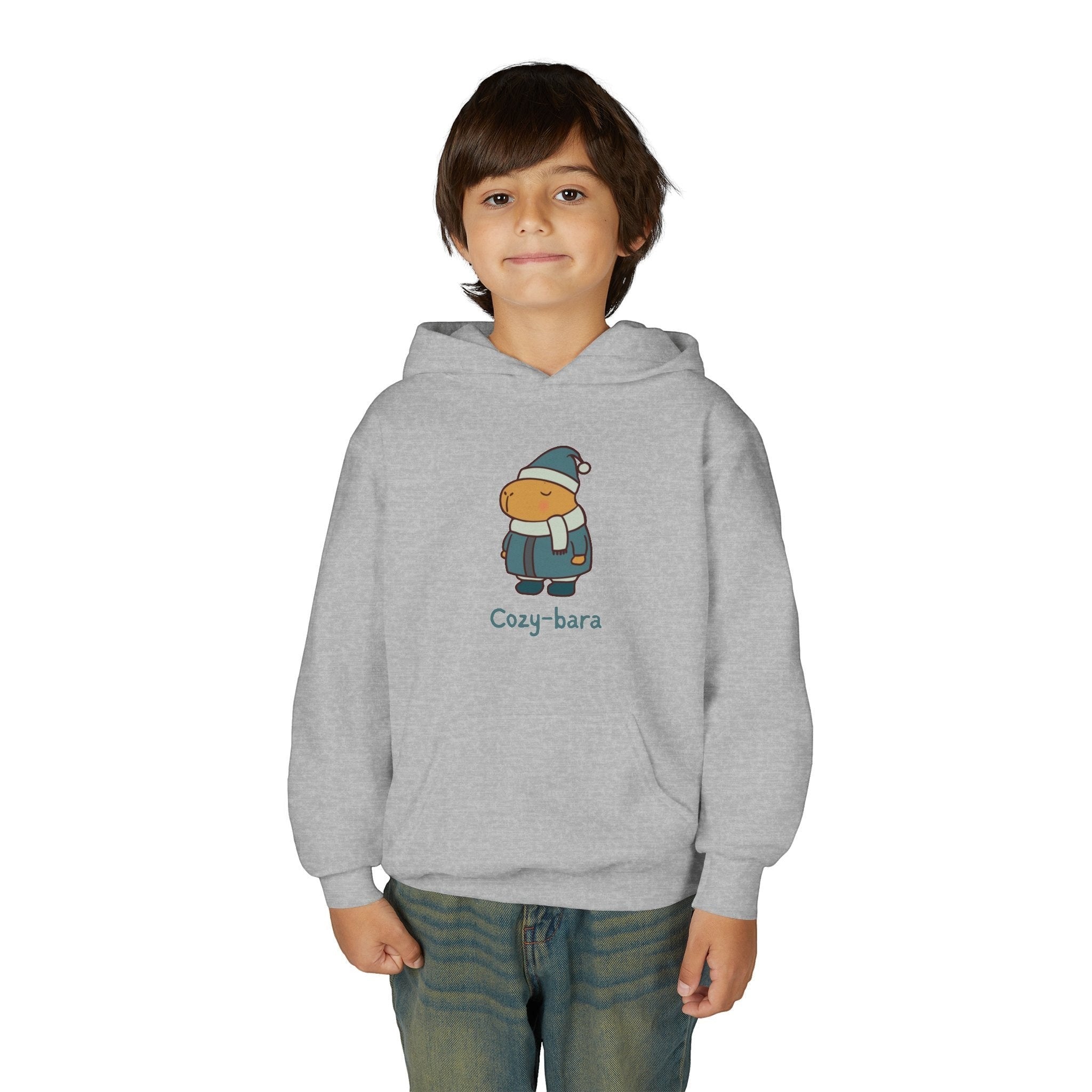 Capy Life kids grey hoodie featuring a cute Cozy-bara character wearing a puffer coat, hat, and scarf.