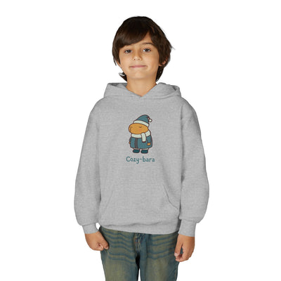 Capy Life kids grey hoodie featuring a cute Cozy-bara character wearing a puffer coat, hat, and scarf.