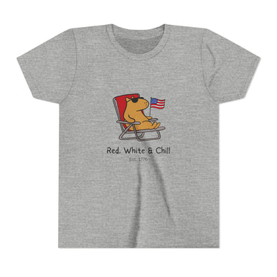 Capy Life kids grey t-shirt featuring a graphic of a capybara lounging in a chair with an American flag