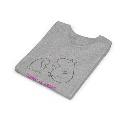 Capy Life grey kids t-shirt with a minimalist capybara illustration and pink home is mom text for Mother's Day.