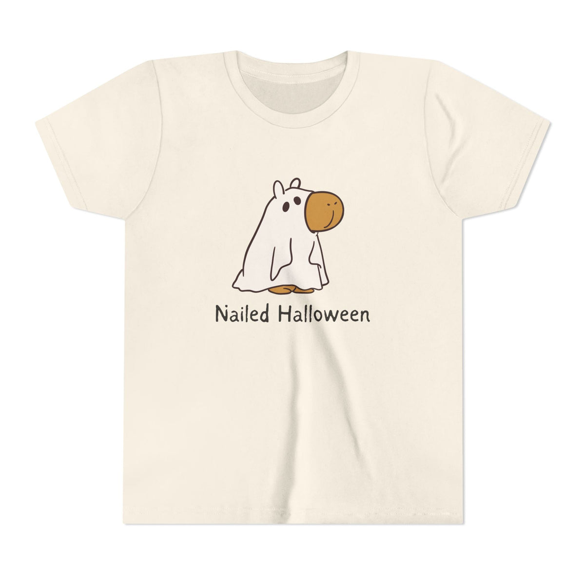 Capy Life kids t-shirt in cream featuring a cute capybara wearing a ghost costume with the text Nailed Halloween