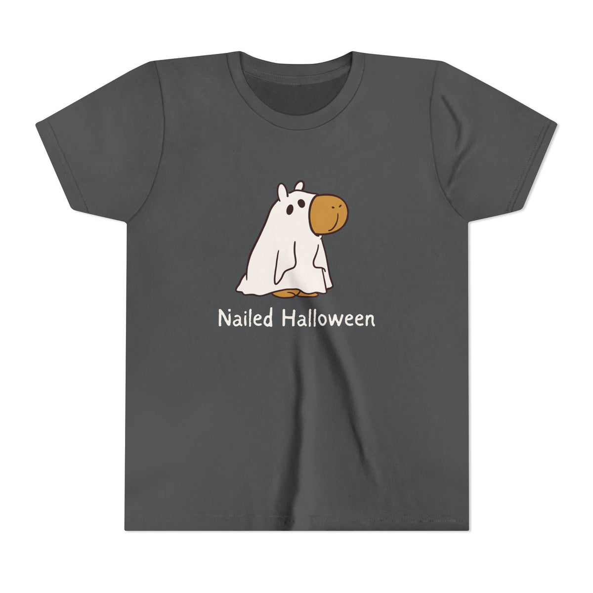 Capy Life kids dark grey t-shirt featuring a cartoon capybara wearing a ghost costume with Nailed Halloween text.