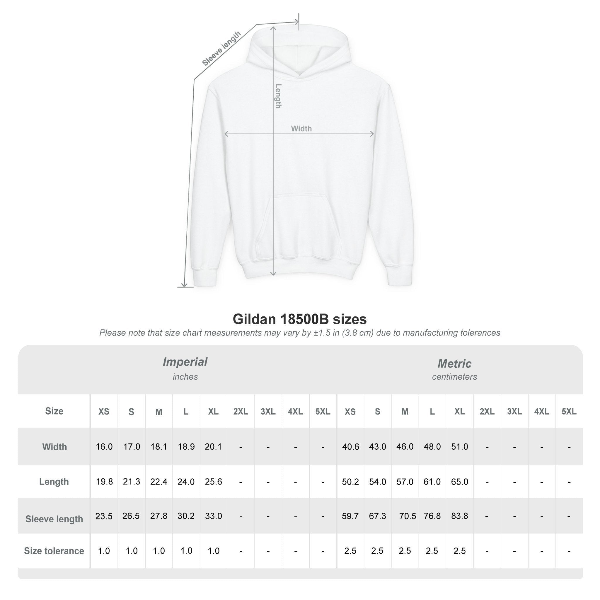 Capy Life size chart for kids hoodie showing width, length, and sleeve measurements for sizes XS to XL.