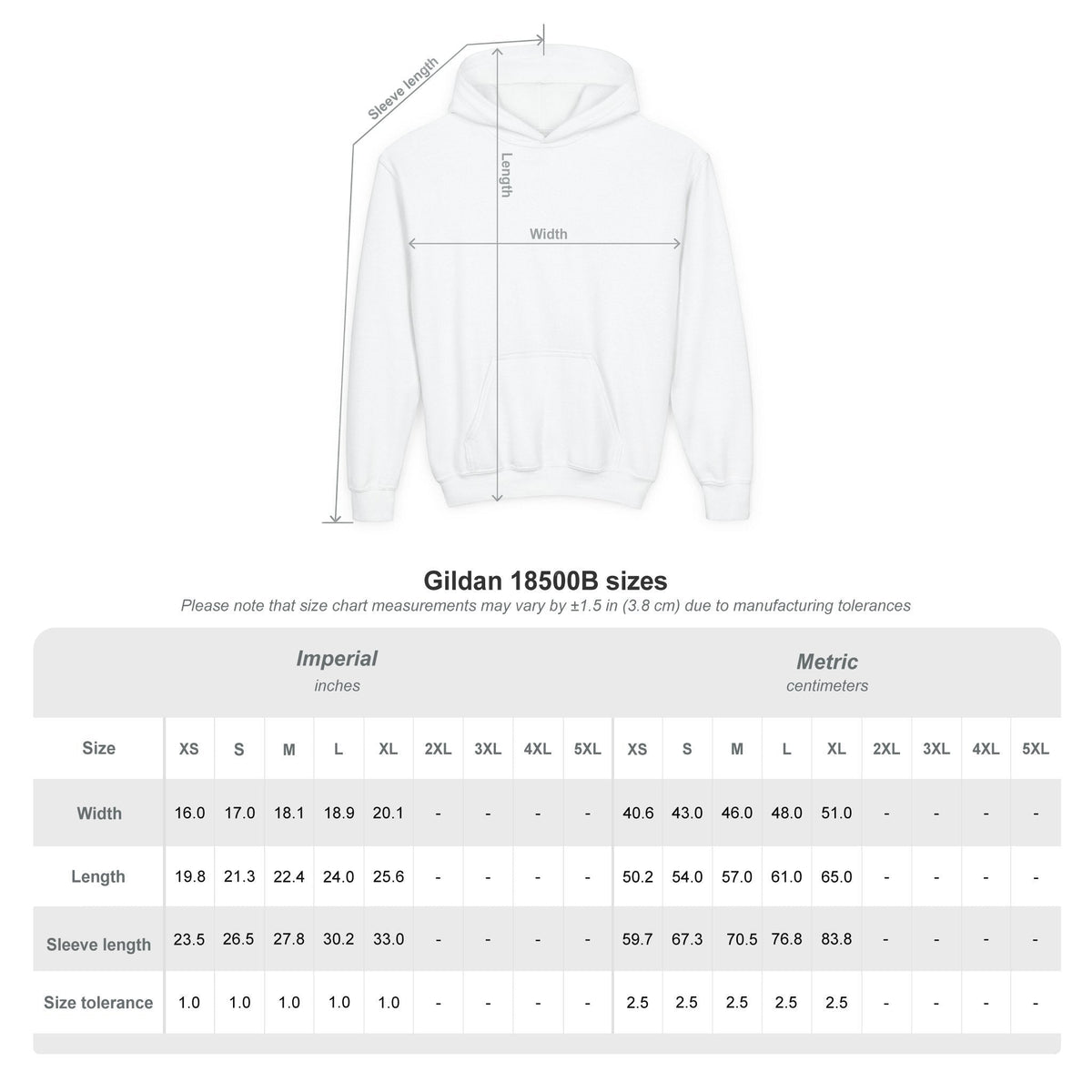 Capy Life size chart for kids hoodie showing measurements for width, length, and sleeve length in inches and cm.