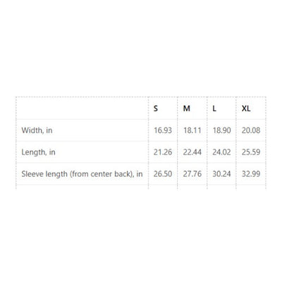 Capy Life size chart table for kids hoodies showing width, length, and sleeve length measurements in inches for sizes S-XL
