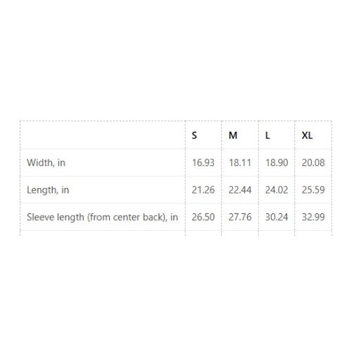 Capy Life size chart table for kids hoodies showing width, length, and sleeve length measurements in inches for sizes S-XL