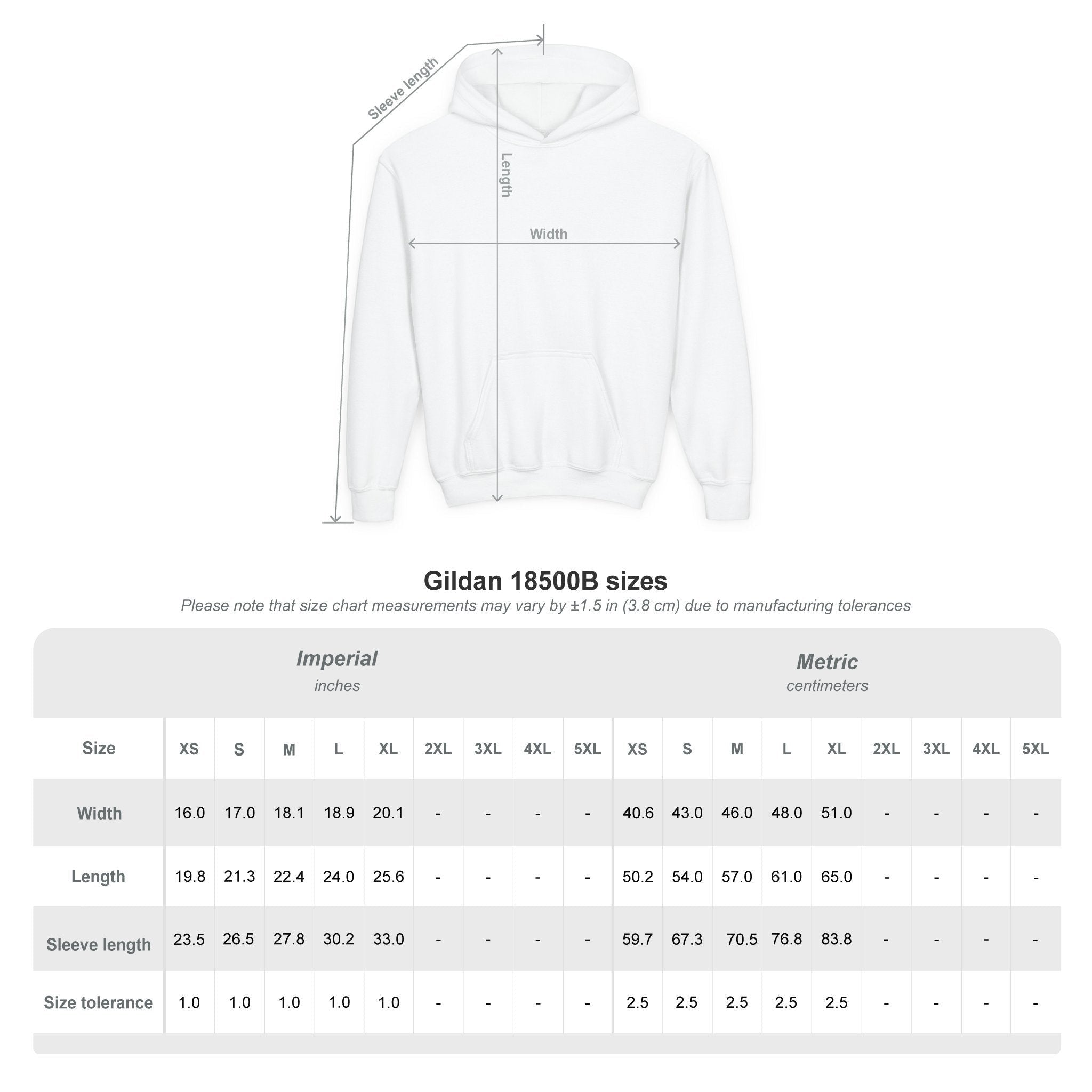 Capy Life white kids pullover hoodie size chart with measurement lines for length, width, and sleeve length