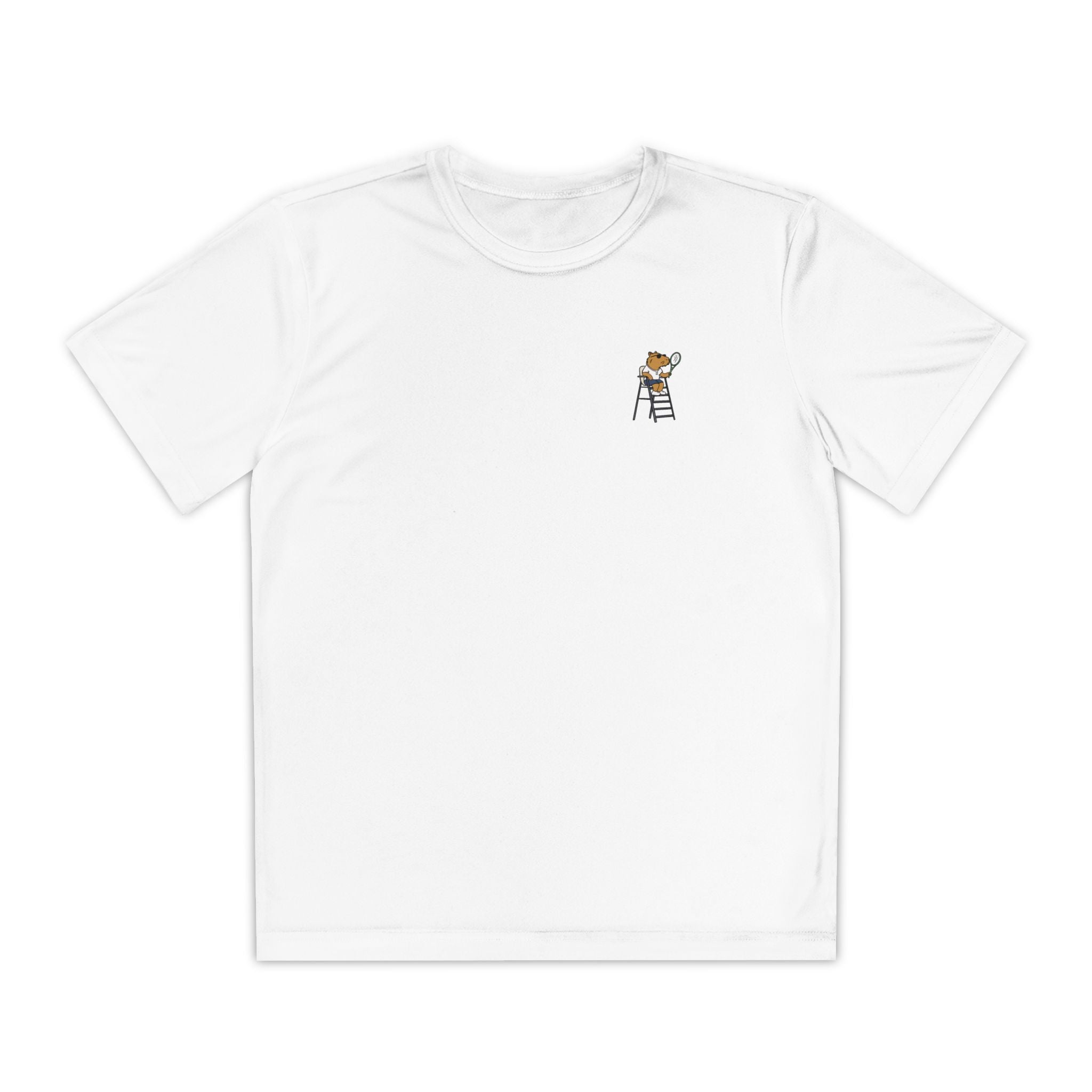 Capy Life white kids performance tennis shirt with a small capybara umpire graphic on the left chest