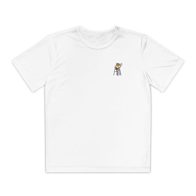 Capy Life white kids performance tennis shirt with a small capybara umpire graphic on the left chest