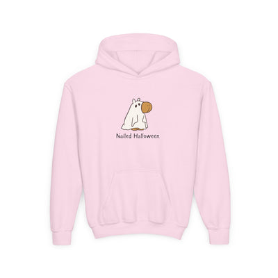 Capy Life kids light pink hoodie featuring a cute hand-drawn capybara in a ghost costume with Nailed Halloween text.