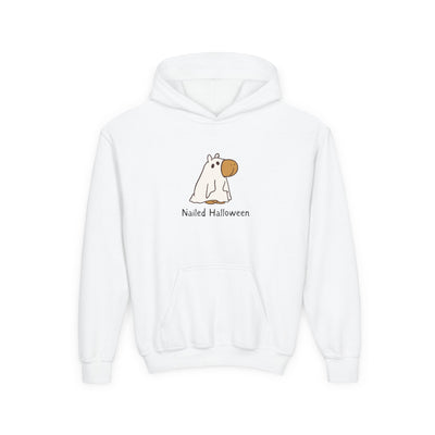 Capy Life kids white hoodie featuring a hand-drawn capybara in a ghost costume with the text Nailed Halloween