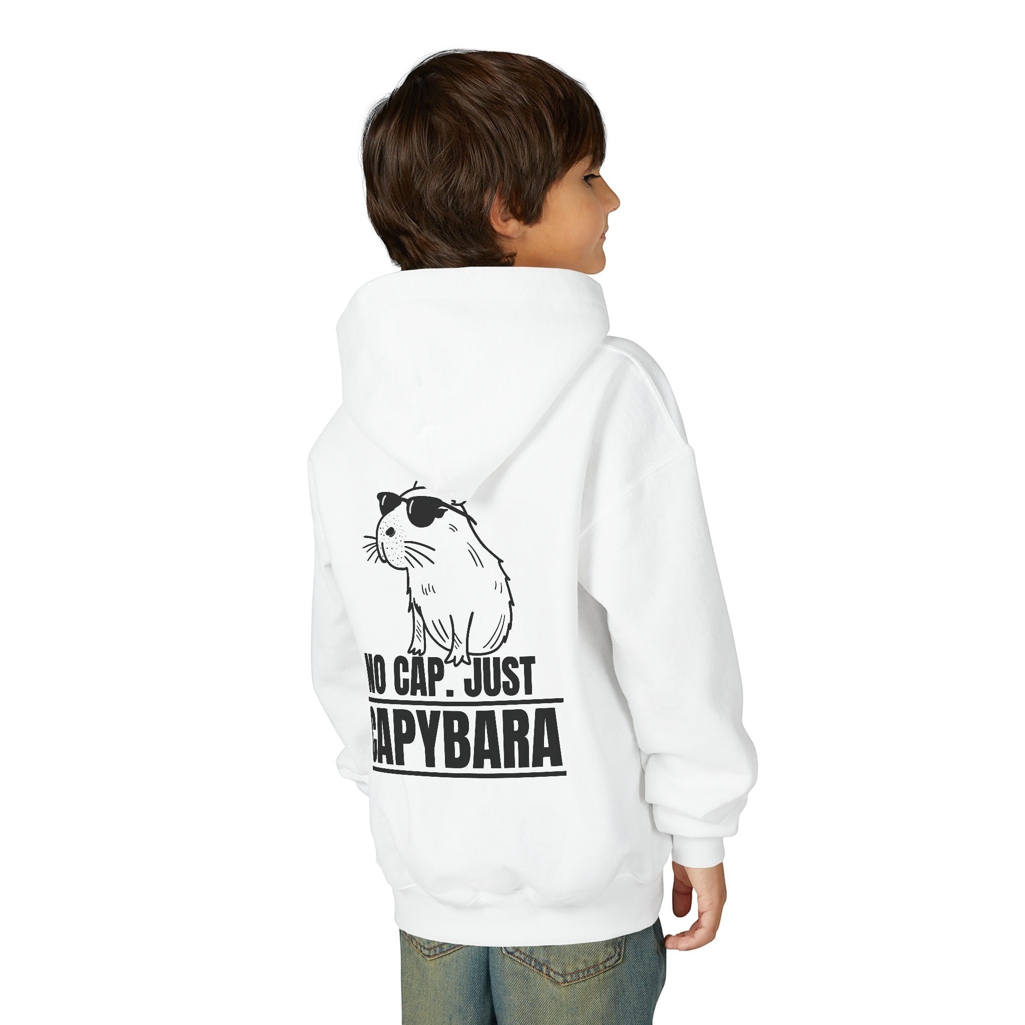 Capy Life kids white hoodie featuring a back graphic of a capybara wearing sunglasses with the text No Cap Just Capybara