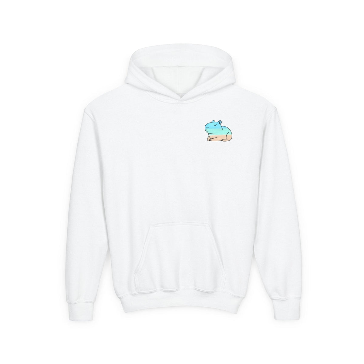Capy Life kids white pullover hoodie featuring a small, minimalist blue and tan capybara beach graphic on the chest.