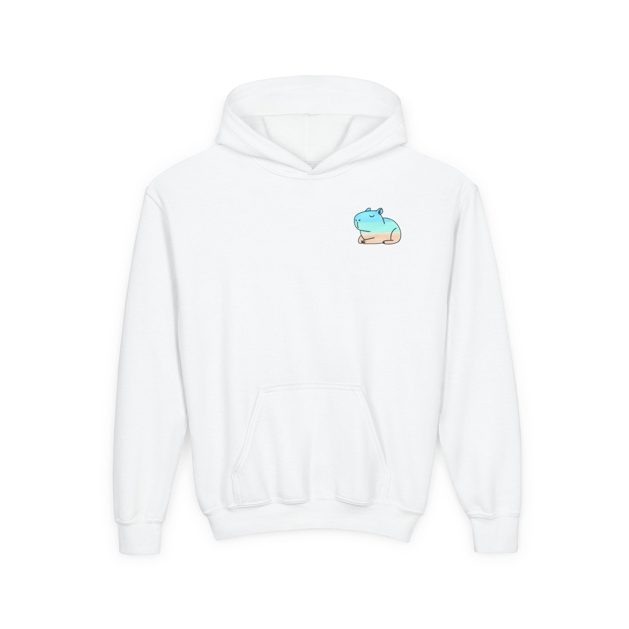 Capy Life kids white pullover hoodie featuring a small, minimalist blue and tan capybara beach graphic on the chest.