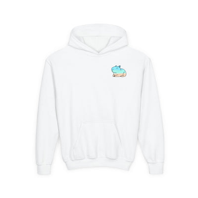 Capy Life kids white pullover hoodie featuring a small, minimalist blue and tan capybara beach graphic on the chest.