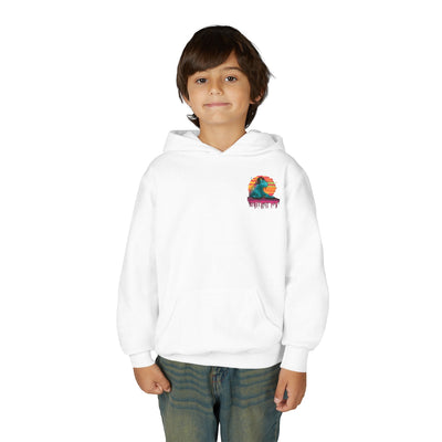 Capy Life kids white hoodie featuring a small DJ capybara graphic on the chest, worn by a young boy.