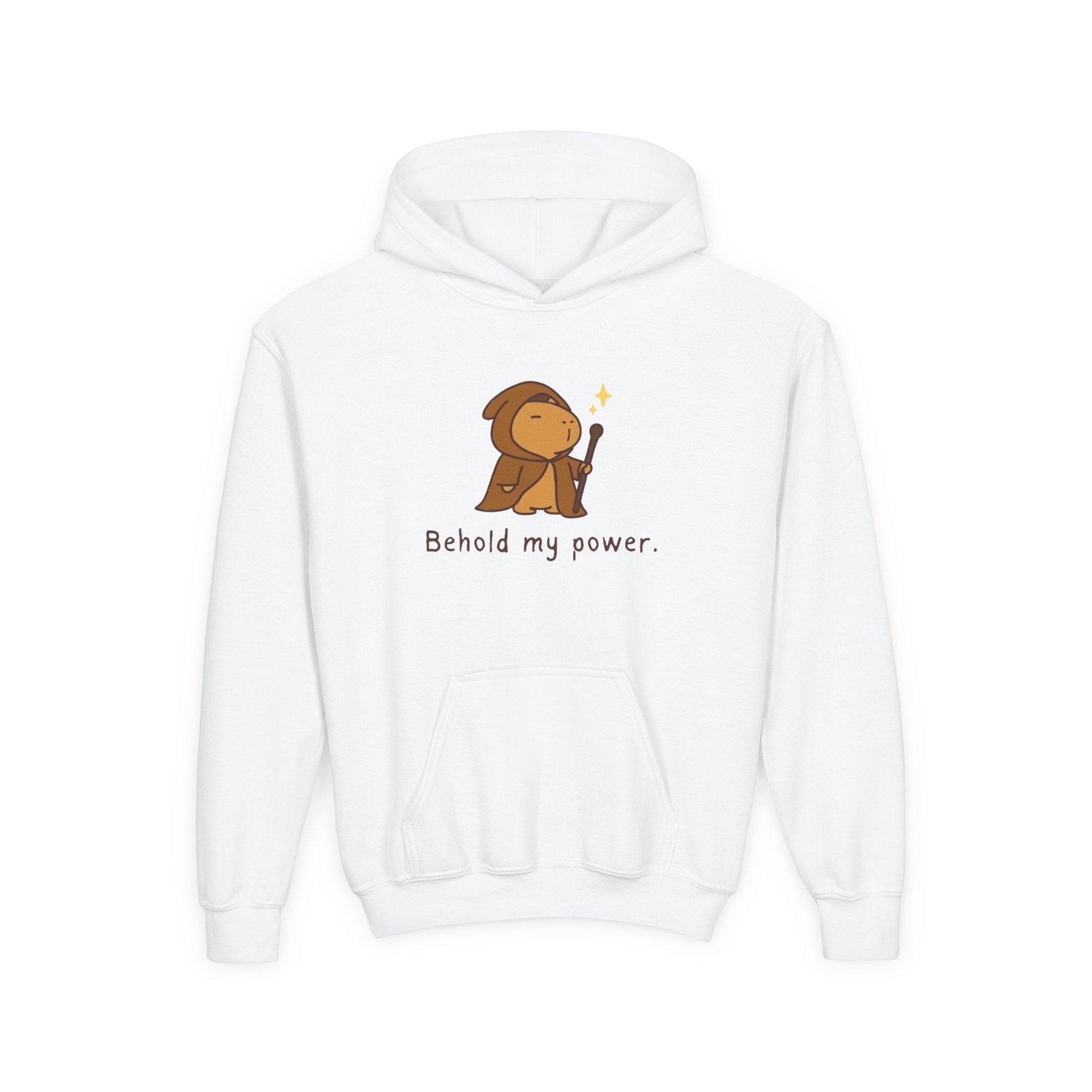 Capy Life kids white pullover hoodie featuring a cute hand-drawn wizard capybara graphic with Behold my power text.