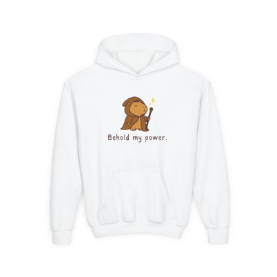 Capy Life kids white pullover hoodie featuring a cute hand-drawn wizard capybara graphic with Behold my power text.