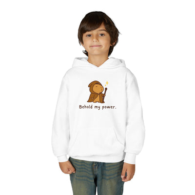 Capy Life kids white pullover hoodie featuring a cute wizard capybara graphic with the text Behold my power