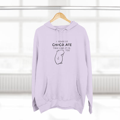 Capy Life lavender hoodie featuring Gene the Capybara line art and the text I wonder if chocolate thinks about me too