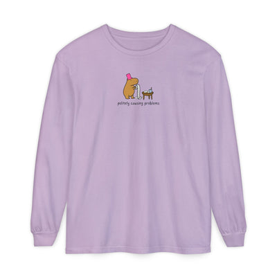 Capy Life lavender long sleeve tee featuring a capybara in a pink top hat with the text politely causing problems