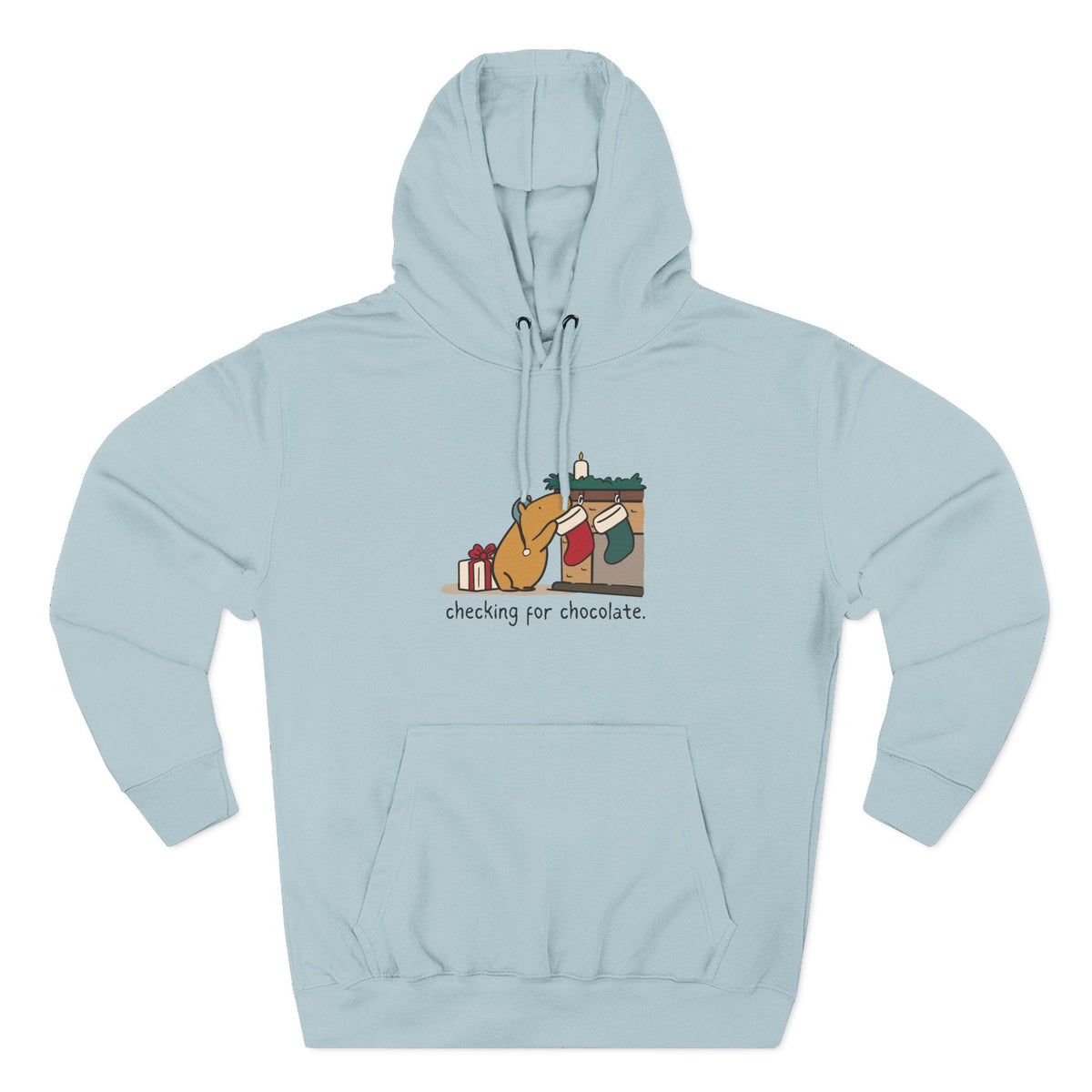 Capy Life light blue fleece hoodie featuring a hand-drawn capybara checking a Christmas stocking for chocolate.