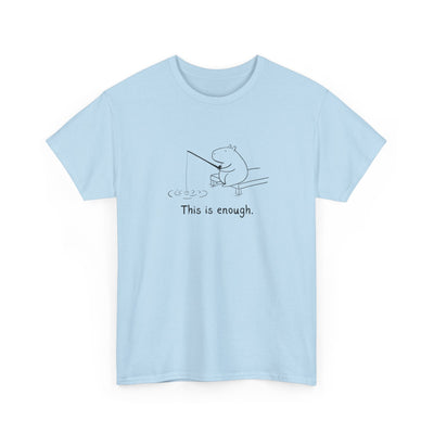 Capy Life light blue heavy cotton t-shirt featuring a minimalist black line drawing of a capybara fishing.