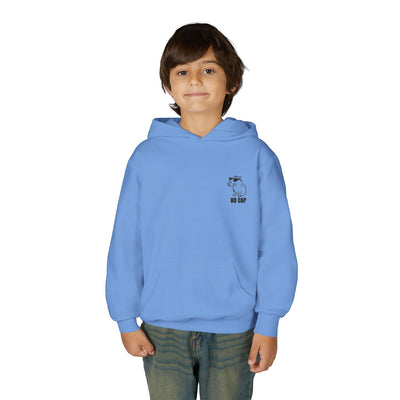 Capy Life youth hoodie in light blue featuring a small embroidered capybara wearing sunglasses with No Cap text