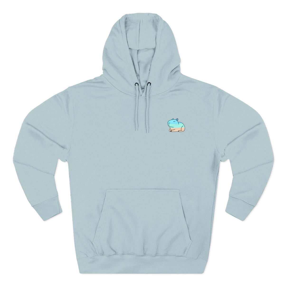 Capy Life light blue minimalist hoodie featuring a small, hand-painted style capybara graphic on the chest.