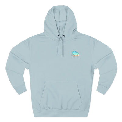Capy Life light blue minimalist hoodie featuring a small, hand-painted style capybara graphic on the chest.