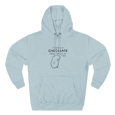 Capy Life light blue premium hoodie featuring Gene the Capybara line art and I wonder if chocolate thinks about me too