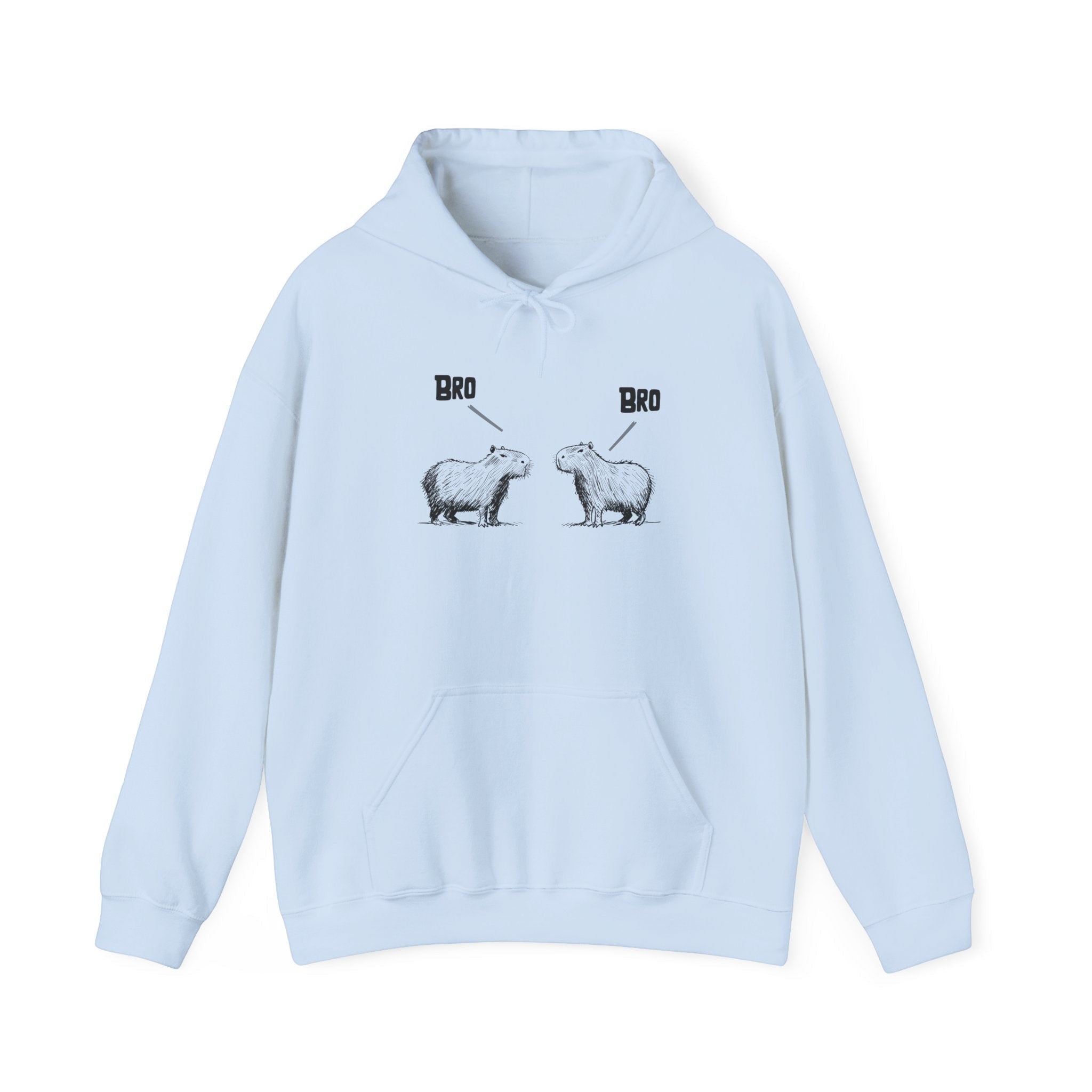 Capy Life light blue pullover hoodie featuring a funny sketch of two capybaras saying Bro to each other.