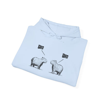 Capy Life light blue pullover hoodie featuring a sketch of two capybaras saying Bro to each other.