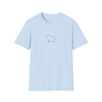 Capy Life light blue cotton t-shirt featuring a minimalist black line drawing of a mother and baby capybara.