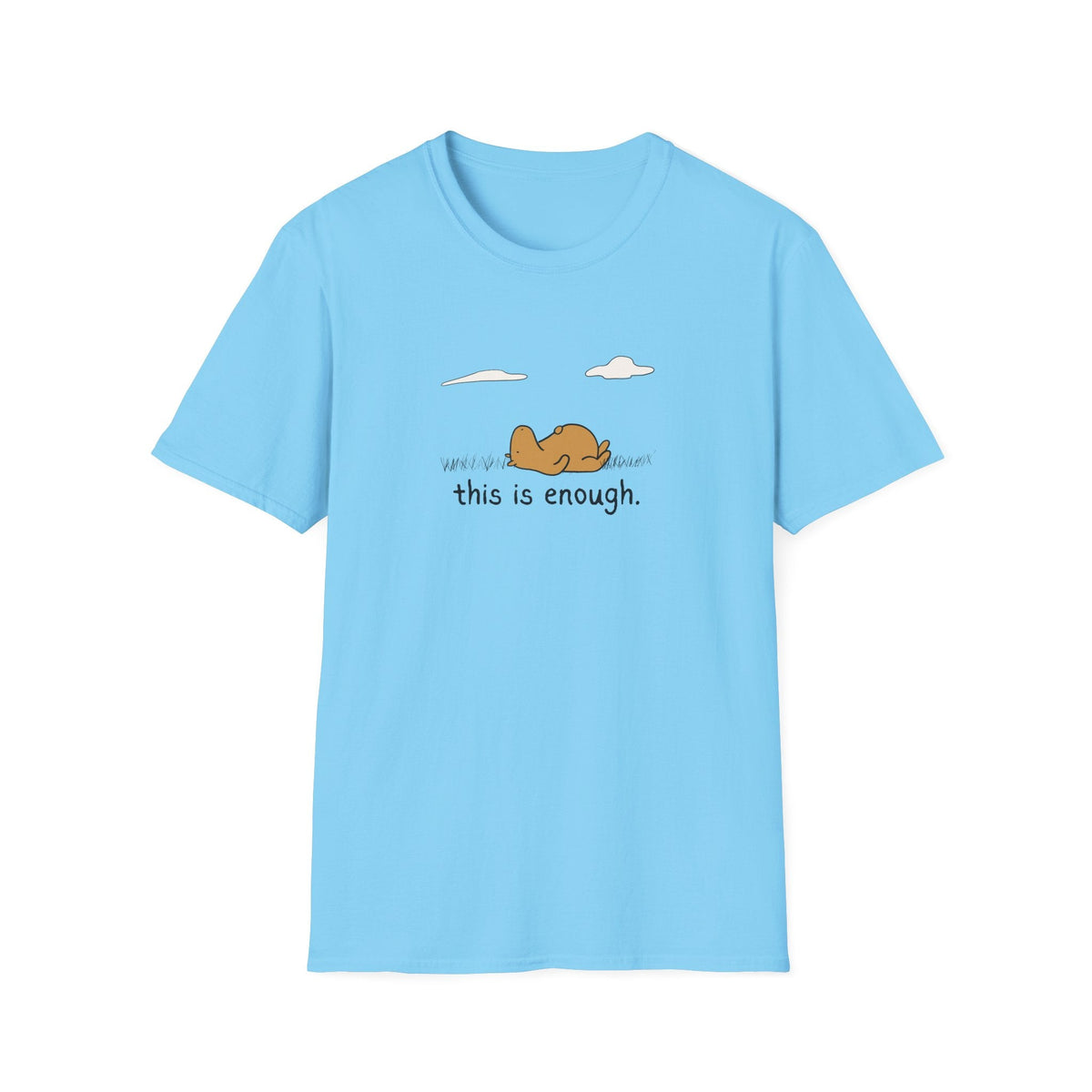 Capy Life light blue softstyle t-shirt featuring a hand-drawn capybara relaxing in grass with This Is Enough text.