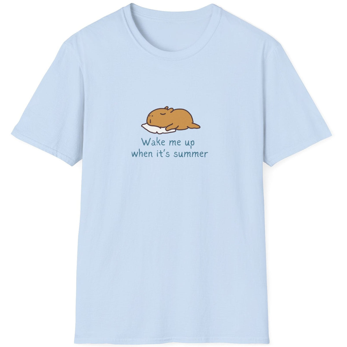 Capy Life light blue softstyle cotton t-shirt featuring a sleeping capybara doodle and Wake me up when it's summer text