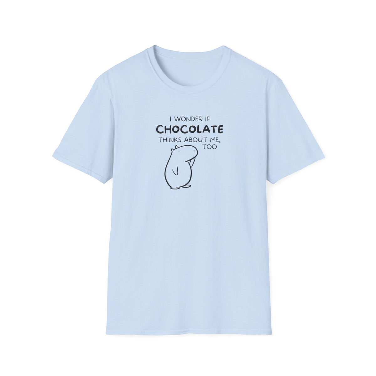 Capy Life light blue softstyle t-shirt featuring a black line-art capybara and the text I wonder if chocolate thinks