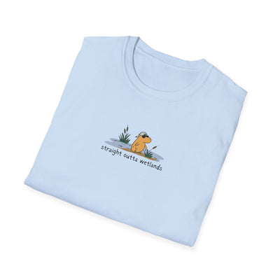 Capy Life light blue softstyle t-shirt featuring a hand-drawn capybara in a backwards hat with Straight Outta Wetlands