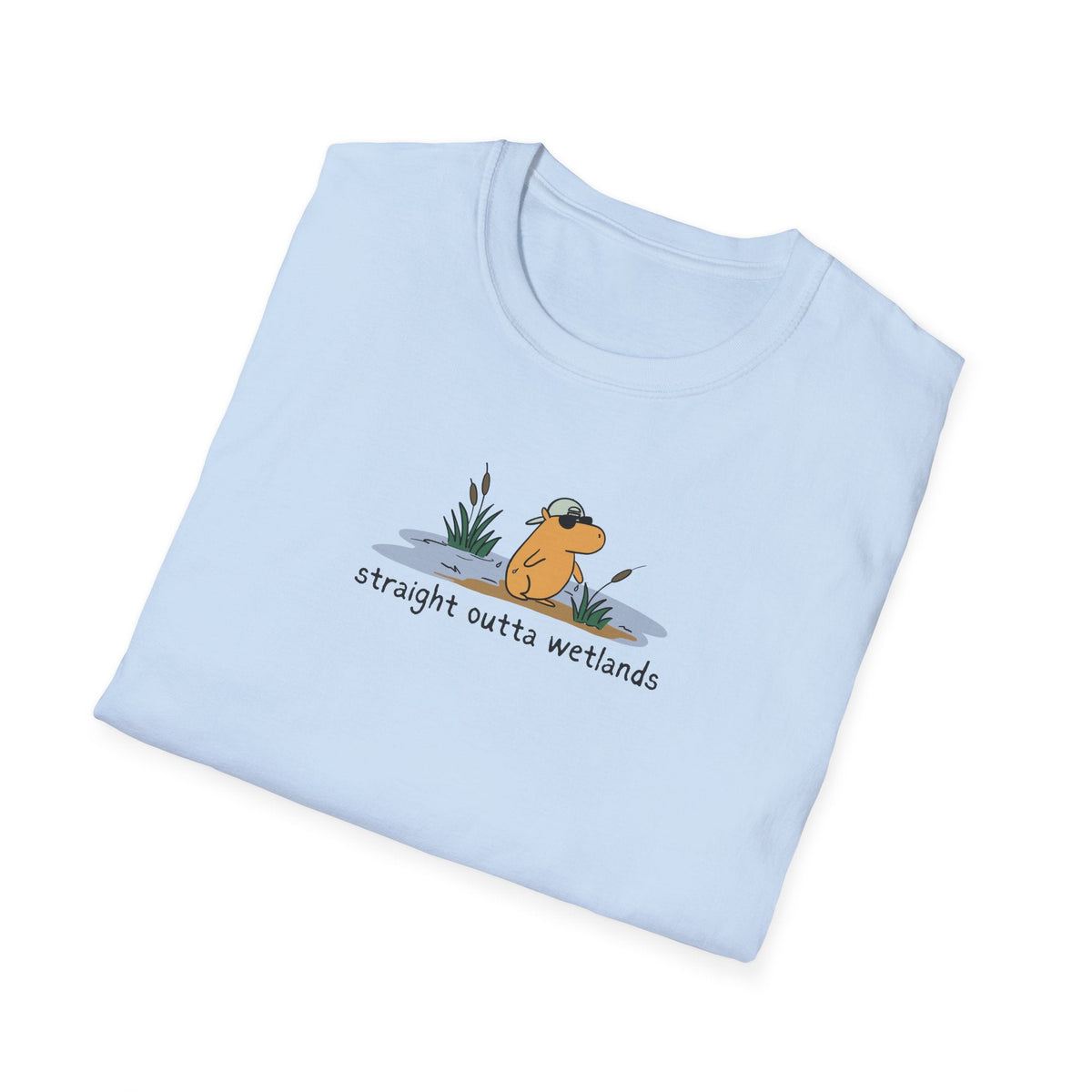 Capy Life light blue softstyle t-shirt featuring a hand-drawn capybara in a backwards hat with Straight Outta Wetlands