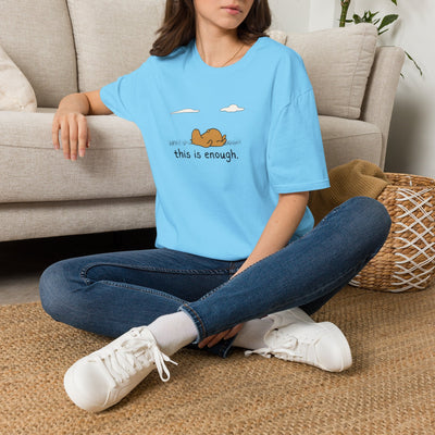 Capy Life light blue softstyle t-shirt featuring a capybara relaxing in grass with the text This Is Enough