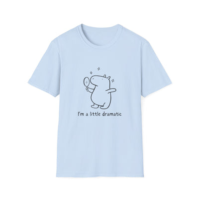 Capy Life light blue cotton t-shirt featuring a minimalist line drawing of a capybara looking into a hand mirror.
