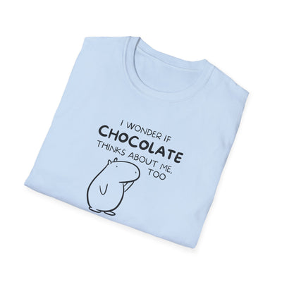 Capy Life light blue softstyle t-shirt featuring a black line art capybara and the text I wonder if chocolate thinks about me too