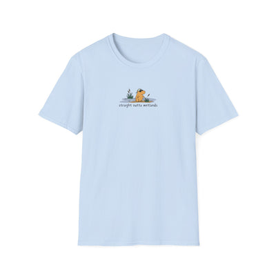 Capy Life light blue softstyle t-shirt featuring a small hand-drawn capybara wearing a backwards hat in a wetland.