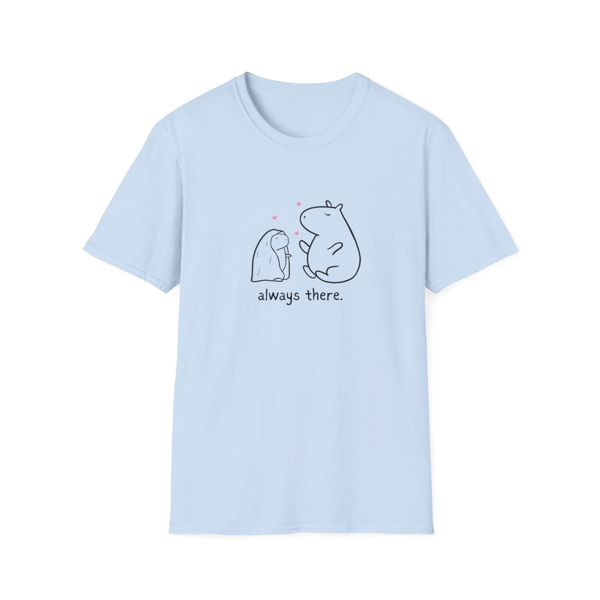 Capy Life light blue softstyle t-shirt featuring a hand-drawn capybara and bunny with hearts and text always there.