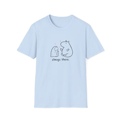 Capy Life light blue softstyle t-shirt featuring a hand-drawn capybara and bunny with hearts and text always there.