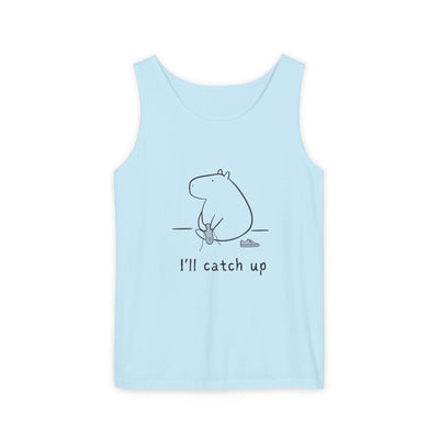 Capy Life light blue Comfort Colors tank top featuring a minimalist capybara illustration and I'll catch up text.