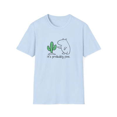 Capy Life light blue softstyle t-shirt featuring a hand-drawn capybara touching a cactus with the text it is probably fine