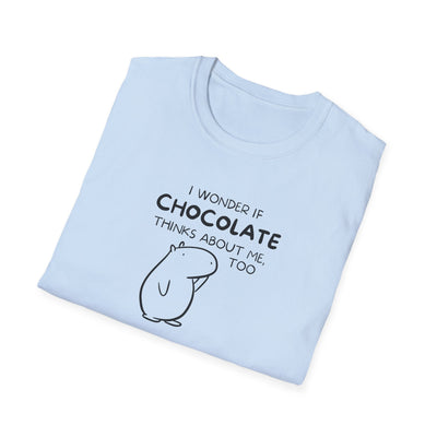 Capy Life light blue softstyle t-shirt featuring a black line art capybara and the text I wonder if chocolate thinks about me too.