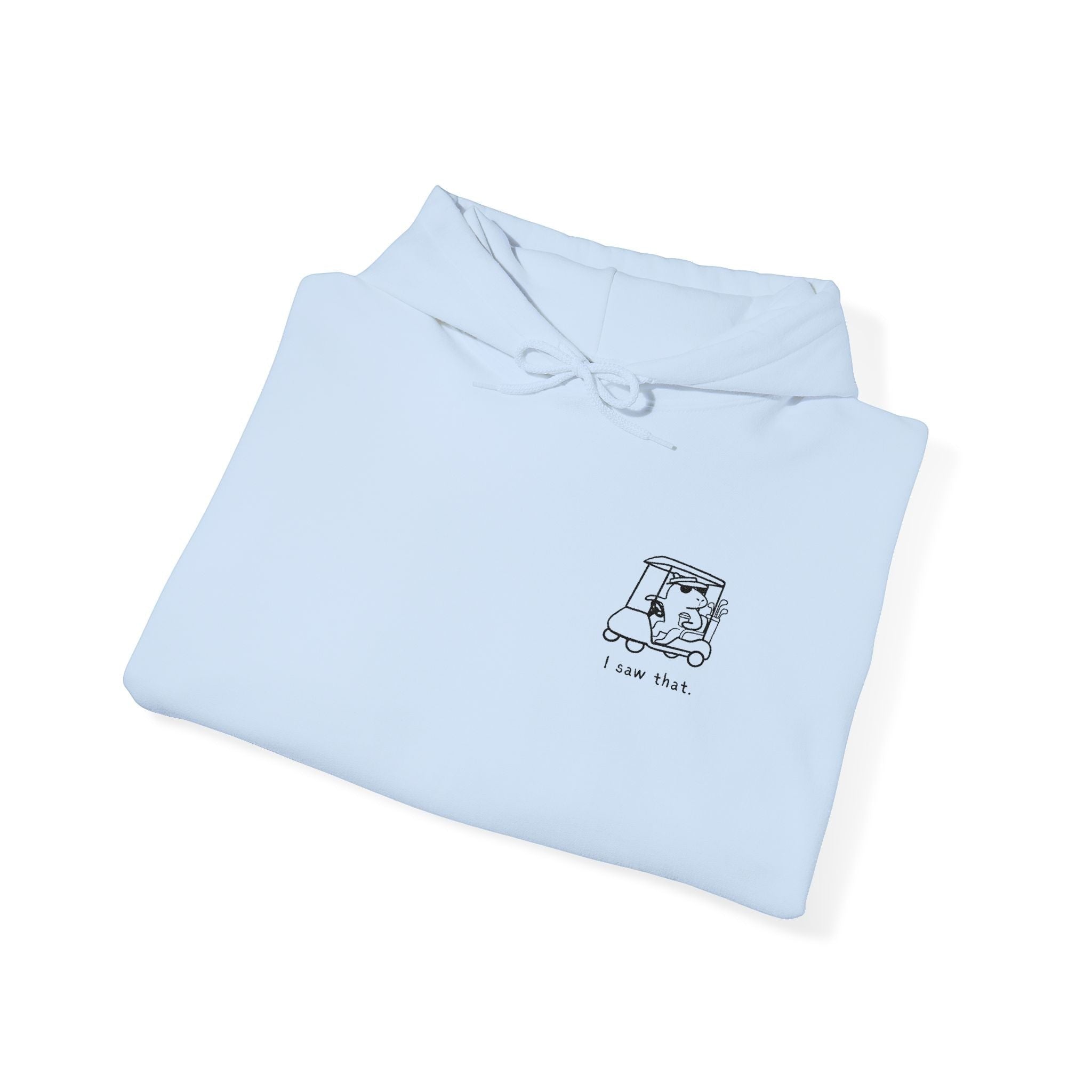 Capy Life light blue minimalist hoodie featuring a small embroidered capybara in a golf cart with I saw that text