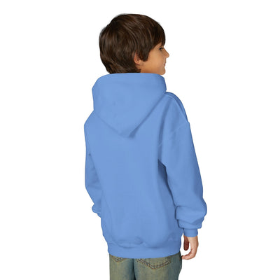 Capy Life kids light blue pullover hoodie worn by a child, back view showing the cozy cotton-blend fabric
